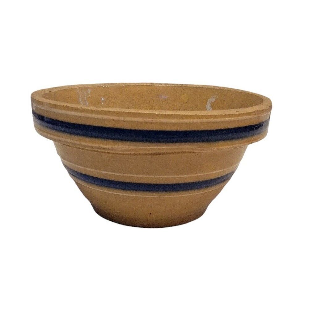 Antique Yellow Ware Stoneware Crock Blue Bands 5" Hairline Crack